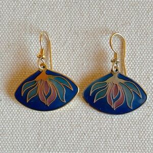 Laurel Burch Blue and Gold Tone Floral Fan Shaped Earrings